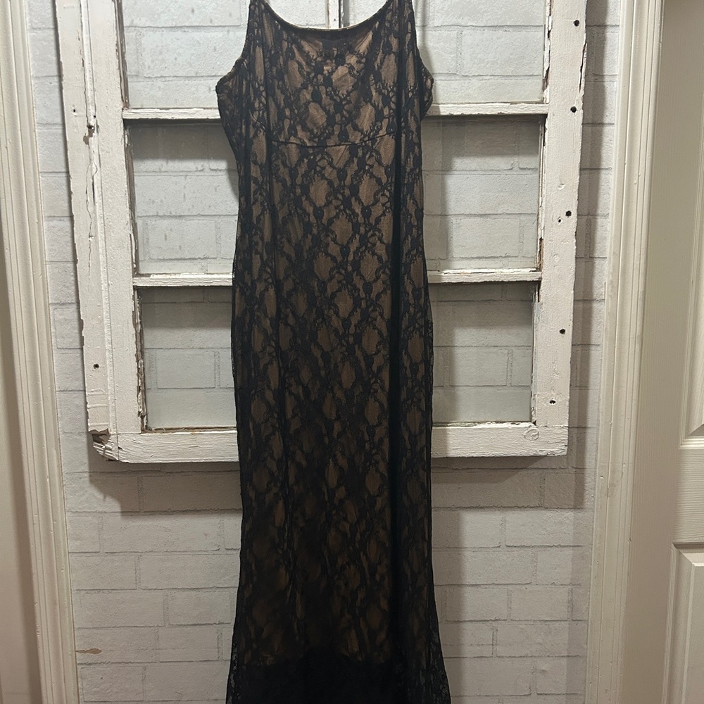 NWT MEROKEETY Black Lace Slip Maxi Dress - Nude Lining - Size L